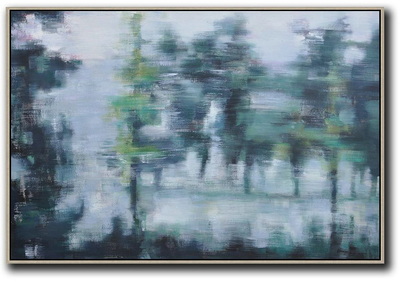 Handmade Painting Large Abstract Art,Horizontal Abstract Landscape Oil Painting On Canvas,Hand Painted Original Art Grey,Dark Green,White